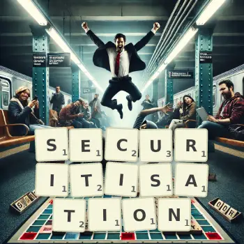 Creative illustration for a Scrabble game with the word SECURITISATION spelled out in tiles on the board.
