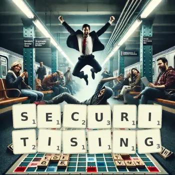 Creative illustration for a Scrabble game with the word SECURITISING spelled out in tiles on the board.