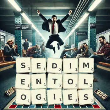 Creative illustration for a Scrabble game with the word SEDIMENTOLOGIES spelled out in tiles on the board.