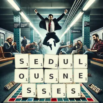 Creative illustration for a Scrabble game with the word SEDULOUSNESSES spelled out in tiles on the board.