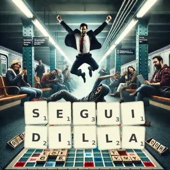 Creative illustration for a Scrabble game with the word SEGUIDILLA spelled out in tiles on the board.