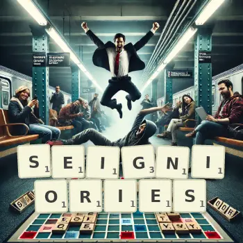 Creative illustration for a Scrabble game with the word SEIGNIORIES spelled out in tiles on the board.