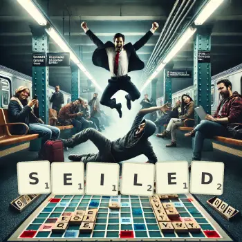 Creative illustration for a Scrabble game with the word SEILED spelled out in tiles on the board.