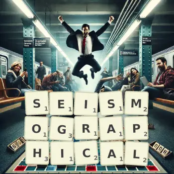 Creative illustration for a Scrabble game with the word SEISMOGRAPHICAL spelled out in tiles on the board.