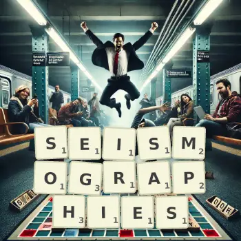 Creative illustration for a Scrabble game with the word SEISMOGRAPHIES spelled out in tiles on the board.
