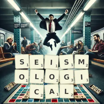 Creative illustration for a Scrabble game with the word SEISMOLOGICAL spelled out in tiles on the board.