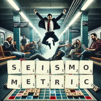 Creative illustration for a Scrabble game with the word SEISMOMETRIC spelled out in tiles on the board.