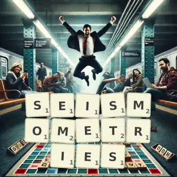 Creative illustration for a Scrabble game with the word SEISMOMETRIES spelled out in tiles on the board.