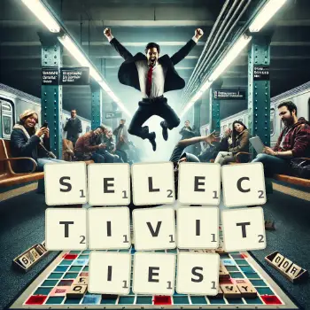 Creative illustration for a Scrabble game with the word SELECTIVITIES spelled out in tiles on the board.