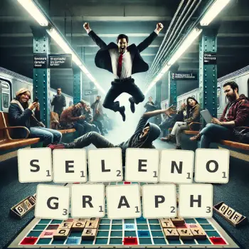 Creative illustration for a Scrabble game with the word SELENOGRAPH spelled out in tiles on the board.