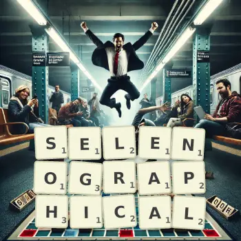 Creative illustration for a Scrabble game with the word SELENOGRAPHICAL spelled out in tiles on the board.