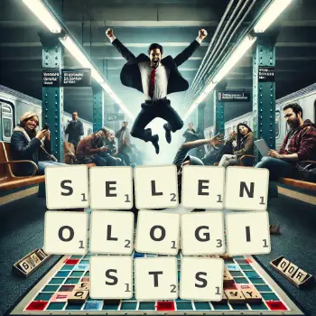 Creative illustration for a Scrabble game with the word SELENOLOGISTS spelled out in tiles on the board.