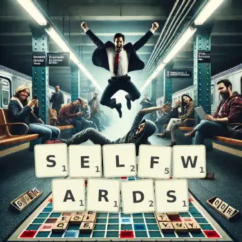 Creative illustration for a Scrabble game with the word SELFWARDS spelled out in tiles on the board.