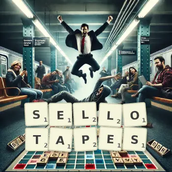 Creative illustration for a Scrabble game with the word SELLOTAPES spelled out in tiles on the board.