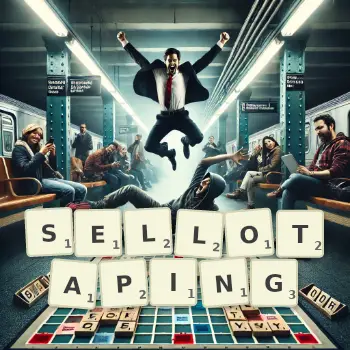 Creative illustration for a Scrabble game with the word SELLOTAPING spelled out in tiles on the board.