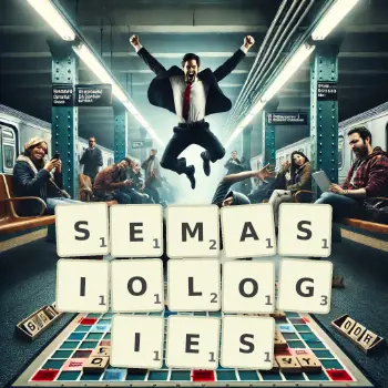 Creative illustration for a Scrabble game with the word SEMASIOLOGIES spelled out in tiles on the board.
