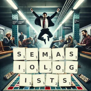 Creative illustration for a Scrabble game with the word SEMASIOLOGISTS spelled out in tiles on the board.