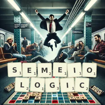 Creative illustration for a Scrabble game with the word SEMEIOLOGIC spelled out in tiles on the board.