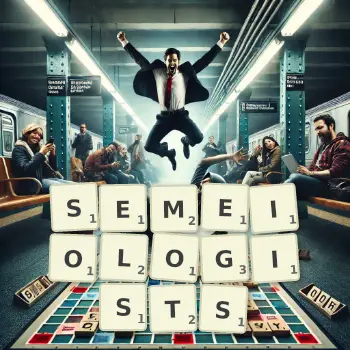 Creative illustration for a Scrabble game with the word SEMEIOLOGISTS spelled out in tiles on the board.