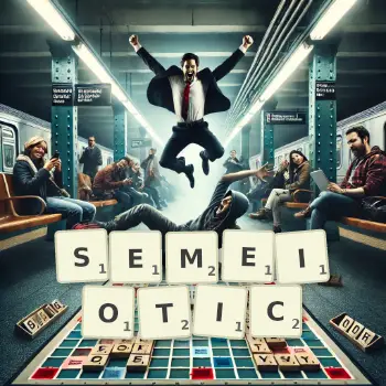 Creative illustration for a Scrabble game with the word SEMEIOTIC spelled out in tiles on the board.