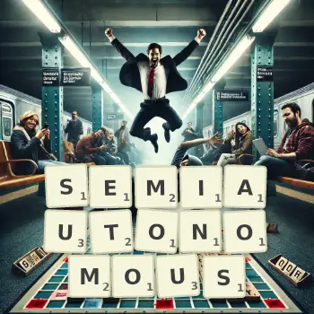 Creative illustration for a Scrabble game with the word SEMIAUTONOMOUS spelled out in tiles on the board.