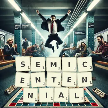 Creative illustration for a Scrabble game with the word SEMICENTENNIAL spelled out in tiles on the board.