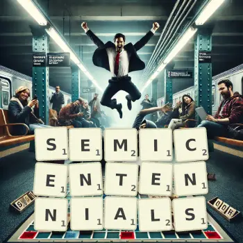 Creative illustration for a Scrabble game with the word SEMICENTENNIALS spelled out in tiles on the board.