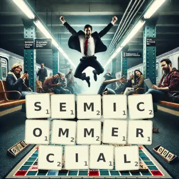 Creative illustration for a Scrabble game with the word SEMICOMMERCIAL spelled out in tiles on the board.
