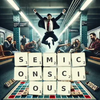 Creative illustration for a Scrabble game with the word SEMICONSCIOUS spelled out in tiles on the board.