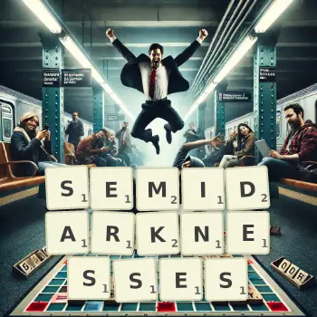Creative illustration for a Scrabble game with the word SEMIDARKNESSES spelled out in tiles on the board.