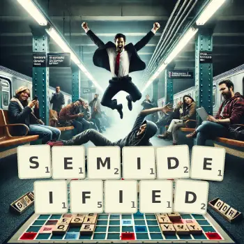 Creative illustration for a Scrabble game with the word SEMIDEIFIED spelled out in tiles on the board.