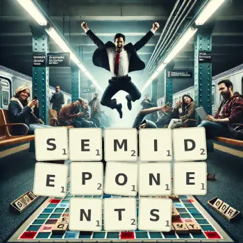 Creative illustration for a Scrabble game with the word SEMIDEPONENTS spelled out in tiles on the board.