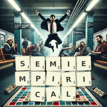 Creative illustration for a Scrabble game with the word SEMIEMPIRICAL spelled out in tiles on the board.