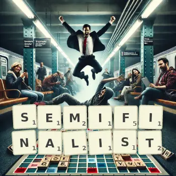 Creative illustration for a Scrabble game with the word SEMIFINALIST spelled out in tiles on the board.