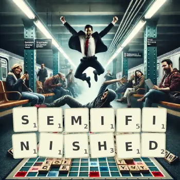 Creative illustration for a Scrabble game with the word SEMIFINISHED spelled out in tiles on the board.