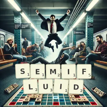 Creative illustration for a Scrabble game with the word SEMIFLUID spelled out in tiles on the board.