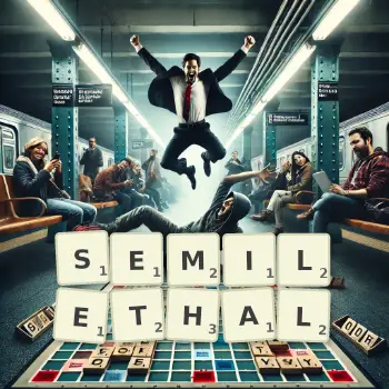 Creative illustration for a Scrabble game with the word SEMILETHAL spelled out in tiles on the board.