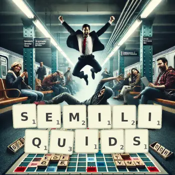 Creative illustration for a Scrabble game with the word SEMILIQUIDS spelled out in tiles on the board.
