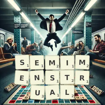 Creative illustration for a Scrabble game with the word SEMIMENSTRUAL spelled out in tiles on the board.