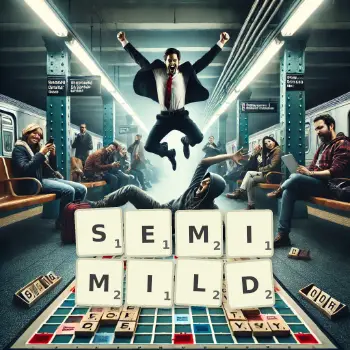 Creative illustration for a Scrabble game with the word SEMIMILD spelled out in tiles on the board.
