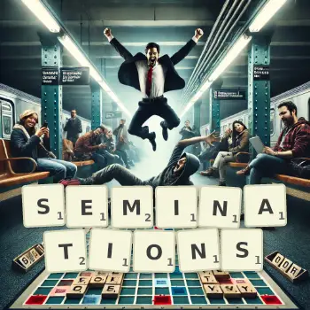 Creative illustration for a Scrabble game with the word SEMINATIONS spelled out in tiles on the board.