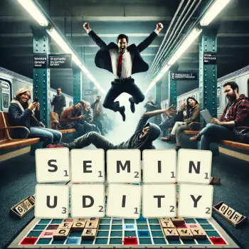 Creative illustration for a Scrabble game with the word SEMINUDITY spelled out in tiles on the board.