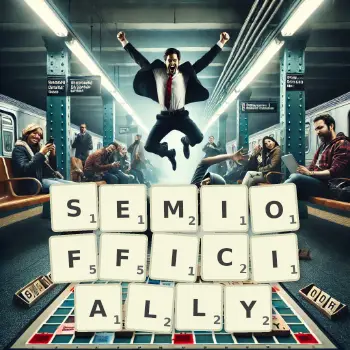 Creative illustration for a Scrabble game with the word SEMIOFFICIALLY spelled out in tiles on the board.