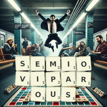 Creative illustration for a Scrabble game with the word SEMIOVIPAROUS spelled out in tiles on the board.