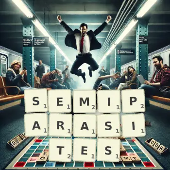 Creative illustration for a Scrabble game with the word SEMIPARASITES spelled out in tiles on the board.