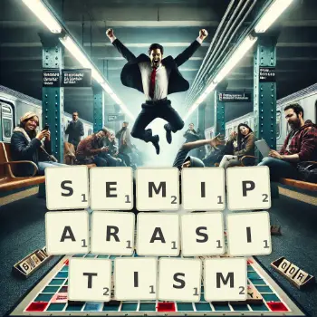 Creative illustration for a Scrabble game with the word SEMIPARASITISM spelled out in tiles on the board.