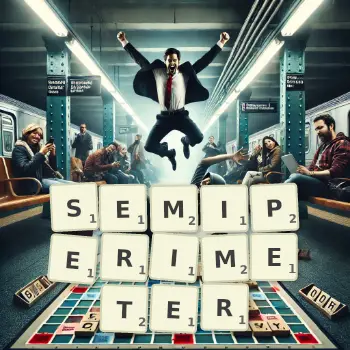 Creative illustration for a Scrabble game with the word SEMIPERIMETER spelled out in tiles on the board.
