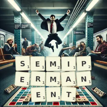 Creative illustration for a Scrabble game with the word SEMIPERMANENT spelled out in tiles on the board.