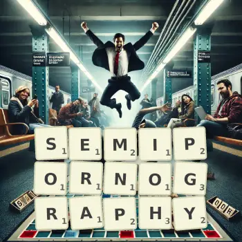 Creative illustration for a Scrabble game with the word SEMIPORNOGRAPHY spelled out in tiles on the board.