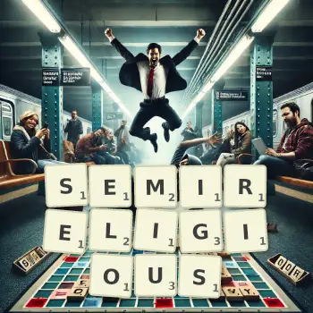 Creative illustration for a Scrabble game with the word SEMIRELIGIOUS spelled out in tiles on the board.